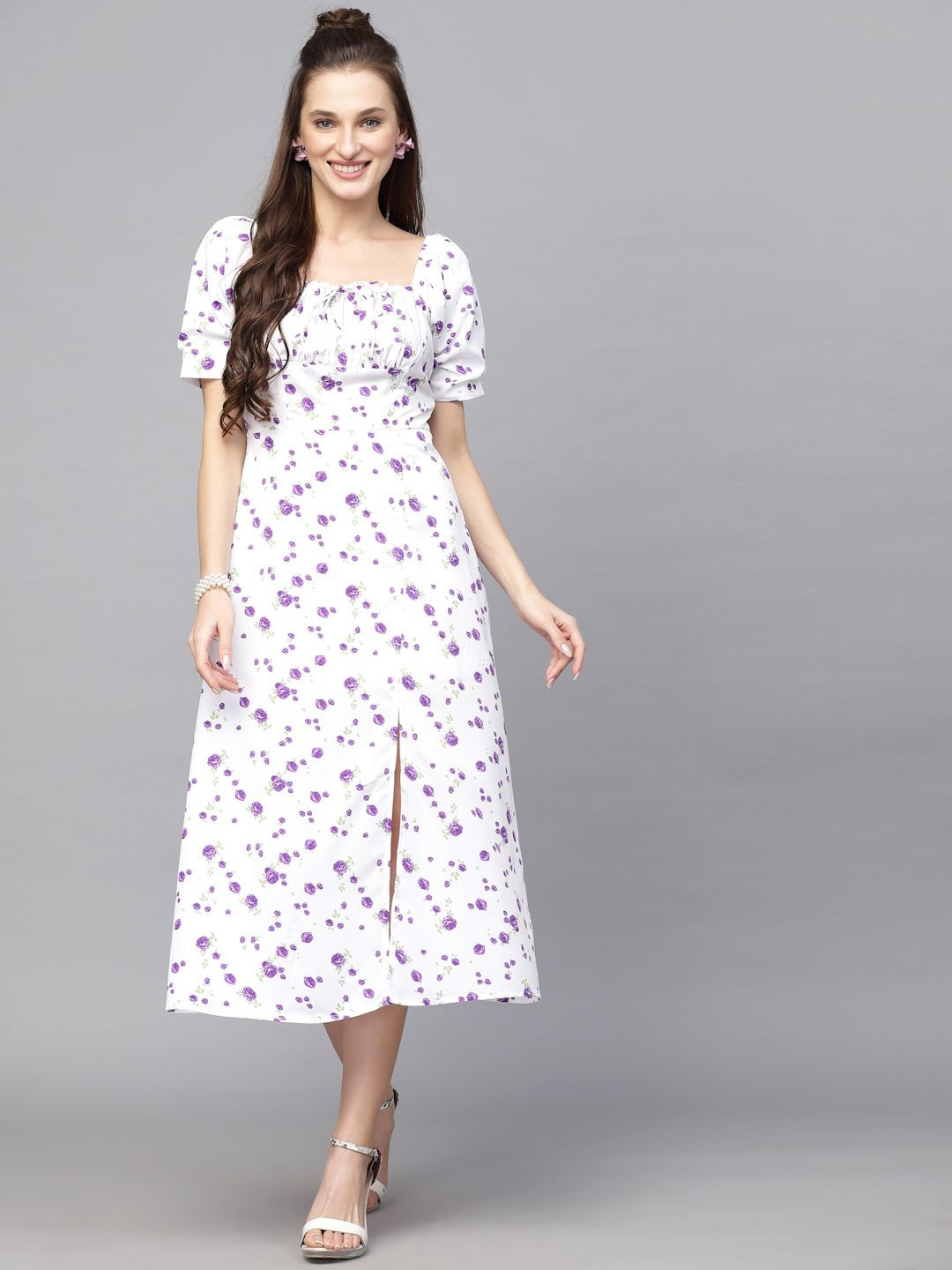 

BAESD Women Floral Print Puff Sleeve Crepe A-Line Midi Dress, White