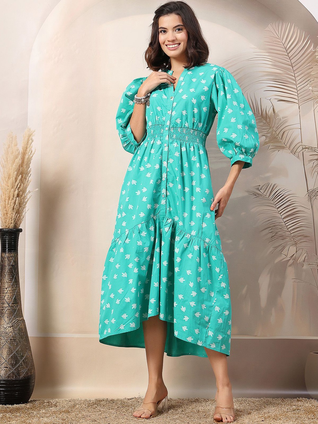 

House Of Zelena Women Animal Print Puff Sleeve Maternity A-Line Dress, Green