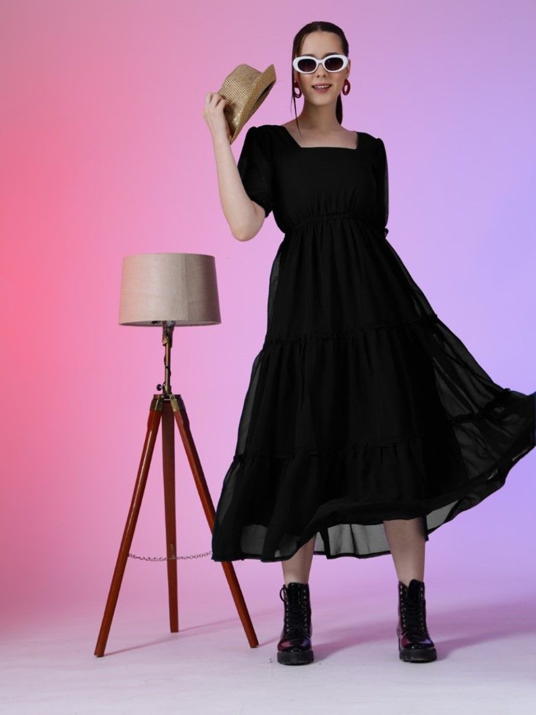 

Femvy Georgette Square Neck Puff Sleeves Tiered Fit & Flare Midi Dress, Black