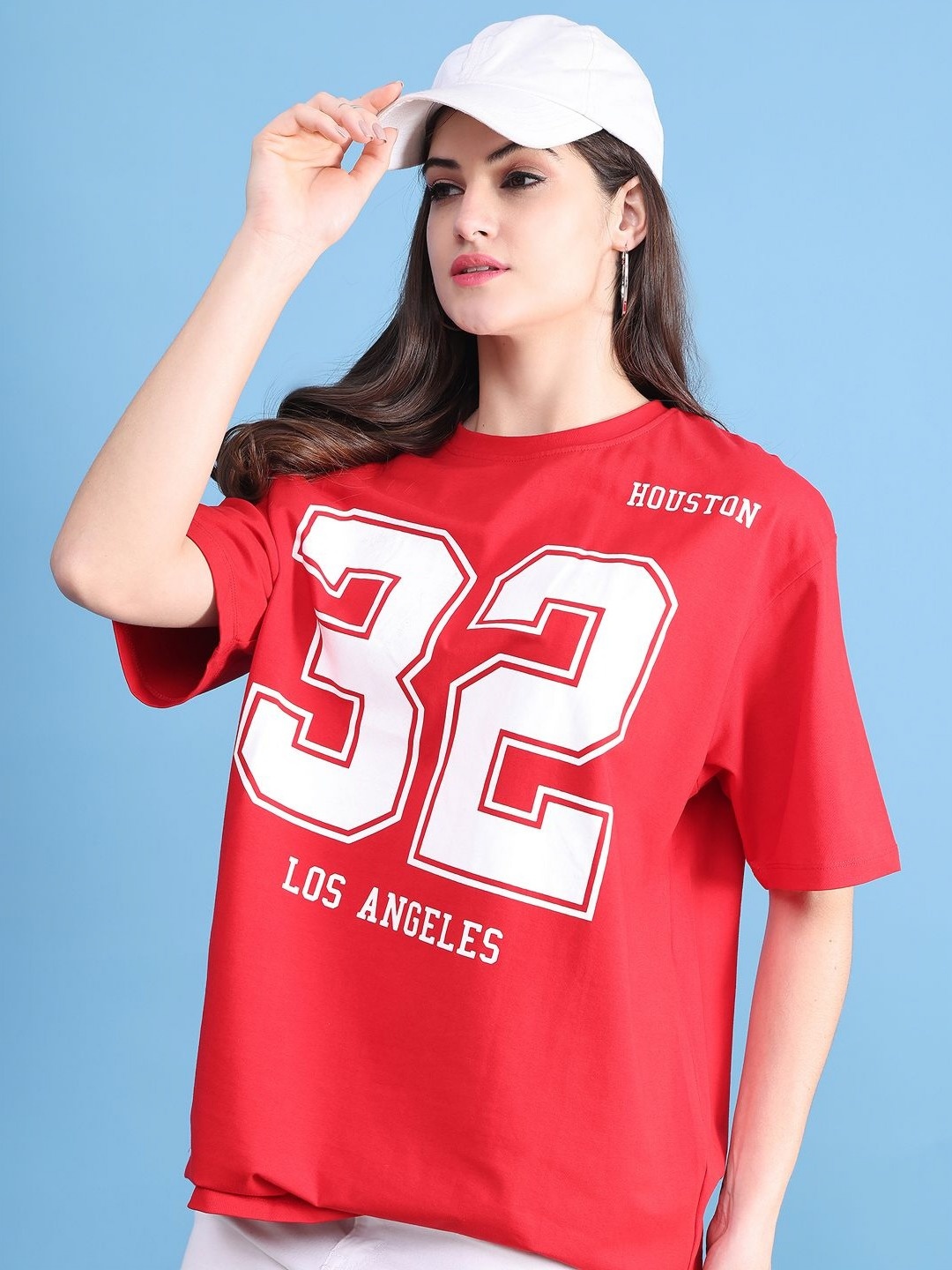 

DOOR74 Women Typography Printed Drop-Shoulder Sleeves T-shirt, Red