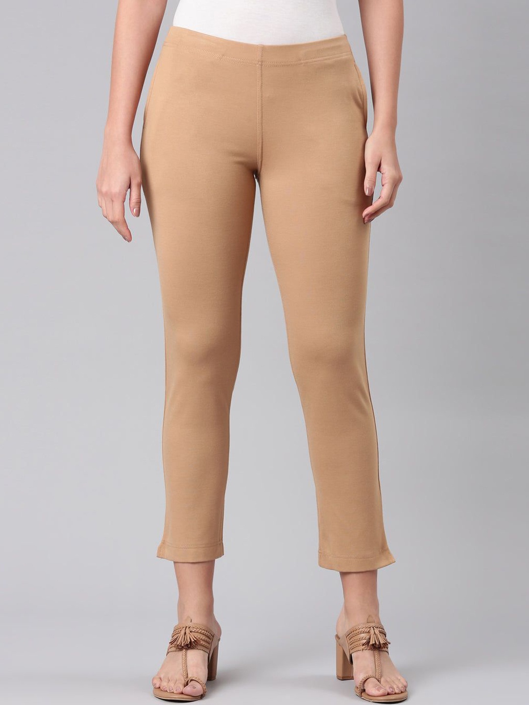 

Go Colors Women Slim Fit Mid-Rise Cigarette Trousers, Beige