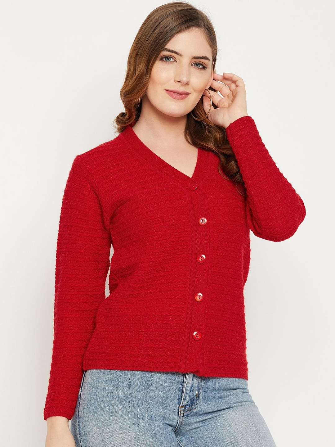 

Zigo Women Cable Knit Woollen Cardigan, Red