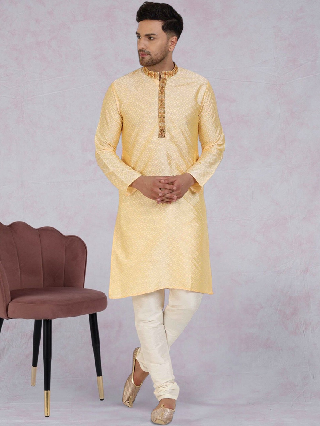 

SKAVIJ Men Ethnic Motifs Regular Thread Work Kurta with Churidar & With Dupatta, Beige