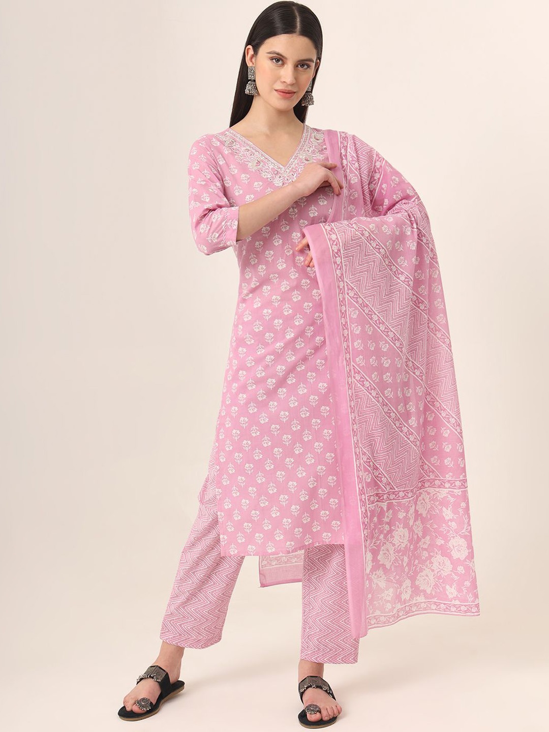 

Yufta Women Ethnic Motifs Embroidered Regular Chikankari Pure Cotton Kurta with Trousers & With Dupatta, Pink