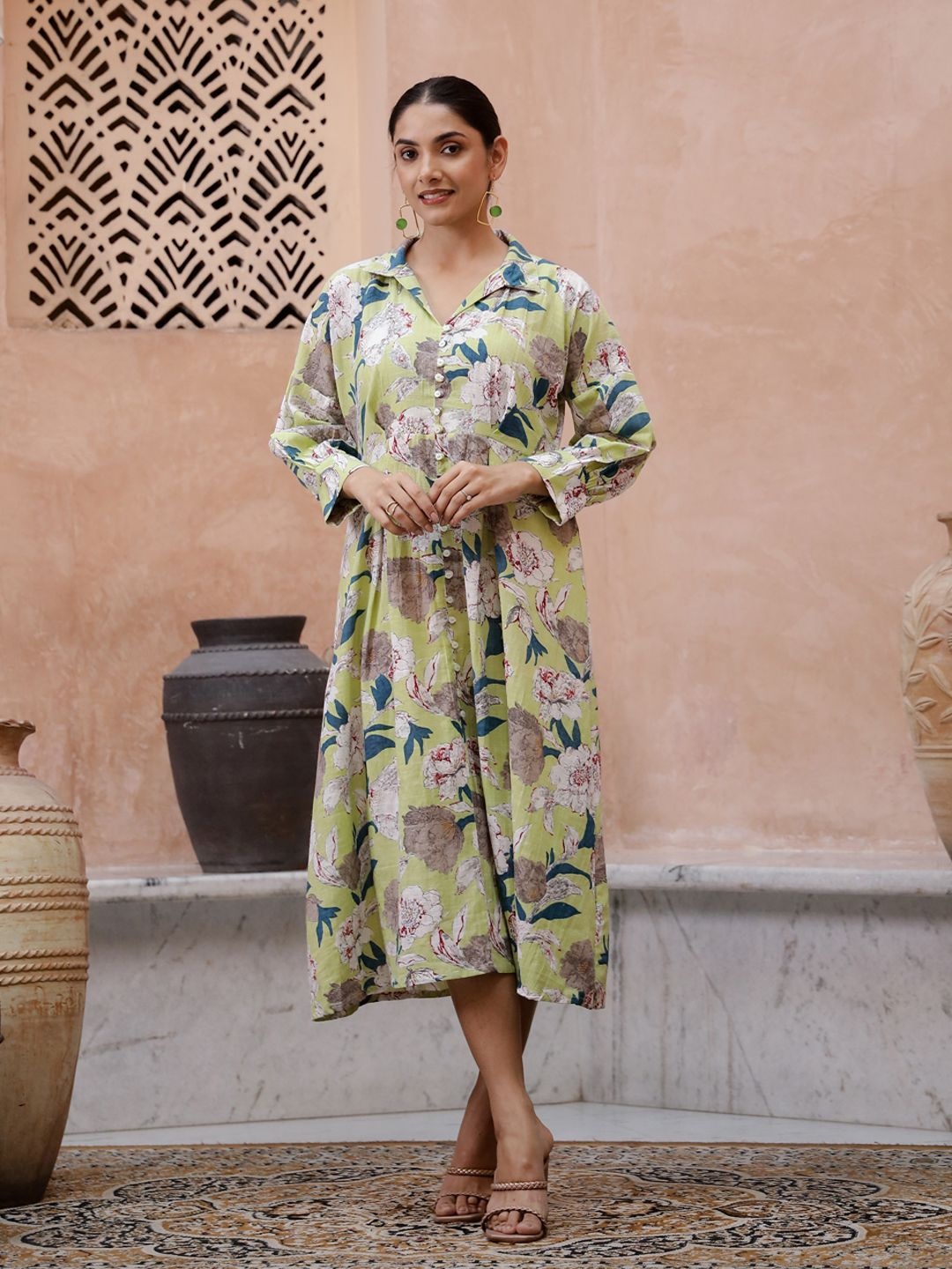 

Sangria Women Printed Long Sleeve Fit & Flare Dress, Green