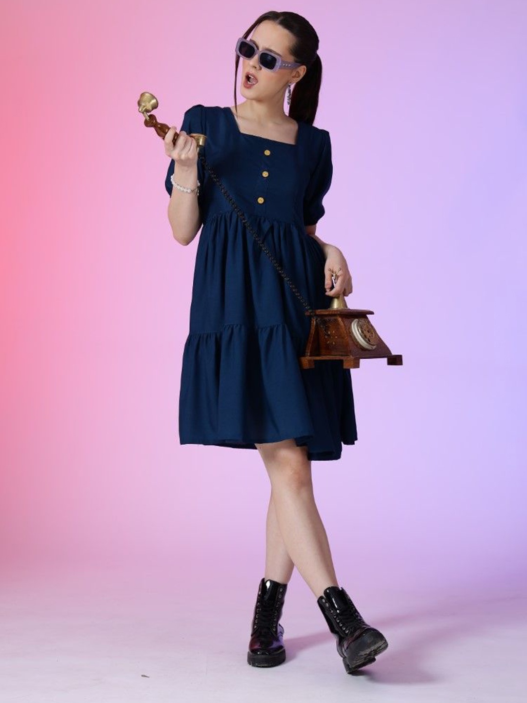 

Krunal Raiyani Women Square Neck Puff Sleeves Fit & Flare Dress, Blue