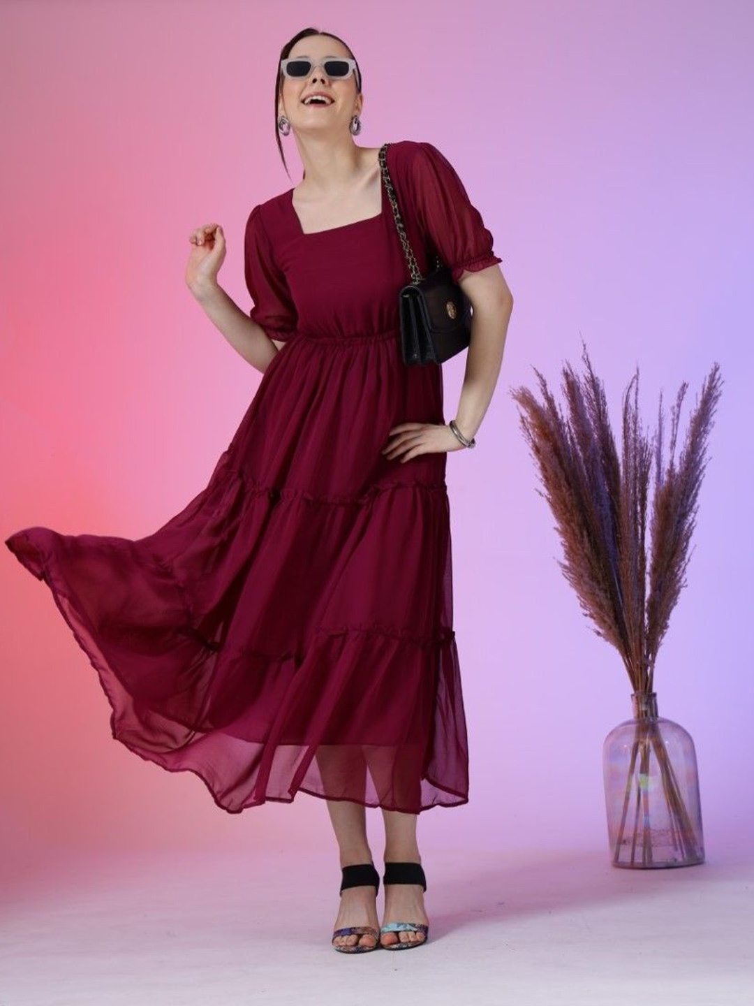 

Femvy Women Puff Sleeve Fit & Flare Dress, Magenta