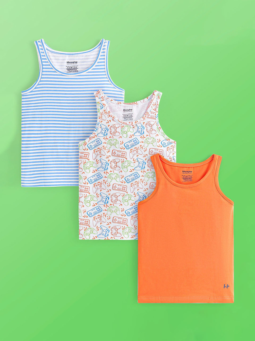 

Honeyhap Boys Pack Of 3 Striped Basic Vests, Blue