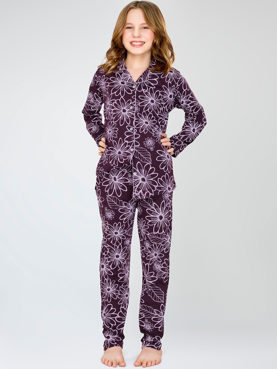 

Zeyo Girls Floral Printed Night suit, Purple