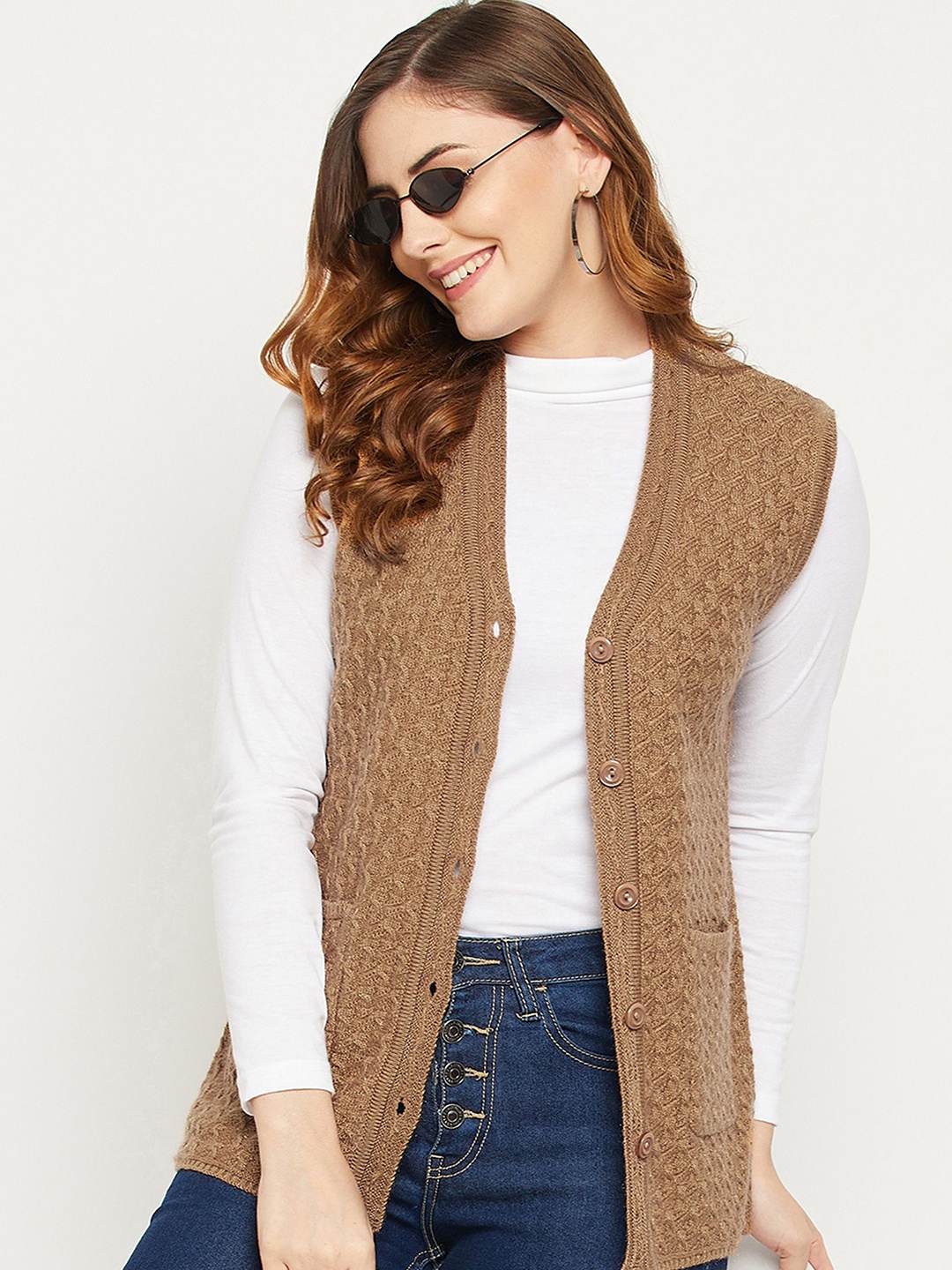 

Zigo Women Cable Knit Woollen Cardigan, Camel brown