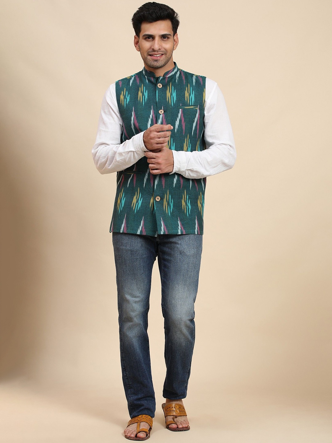 

SKAVIJ Printed Woven Nehru Jackets, Green