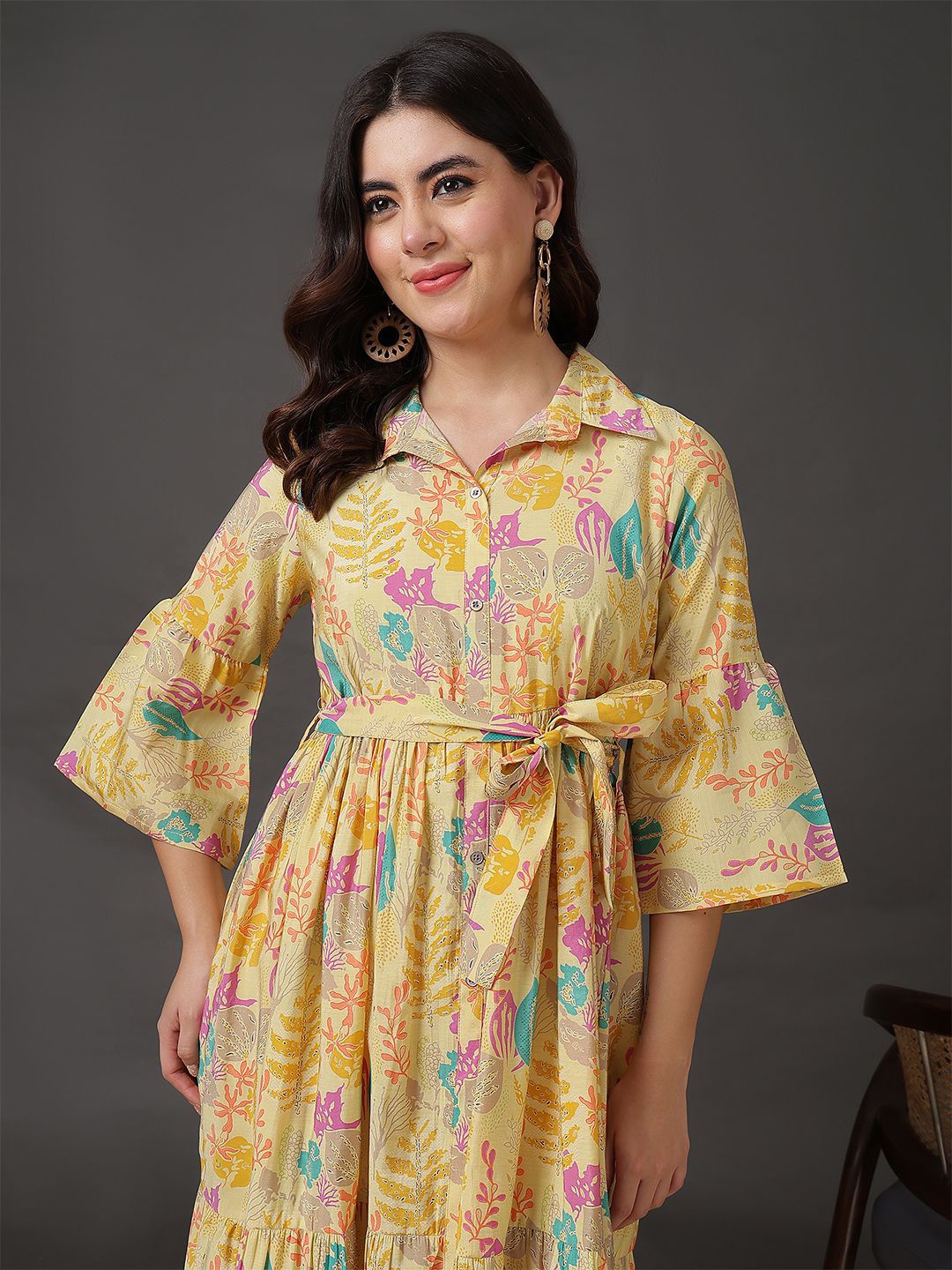 

Anouk Women Bell Sleeve A-Line Dress With Belt, Yellow