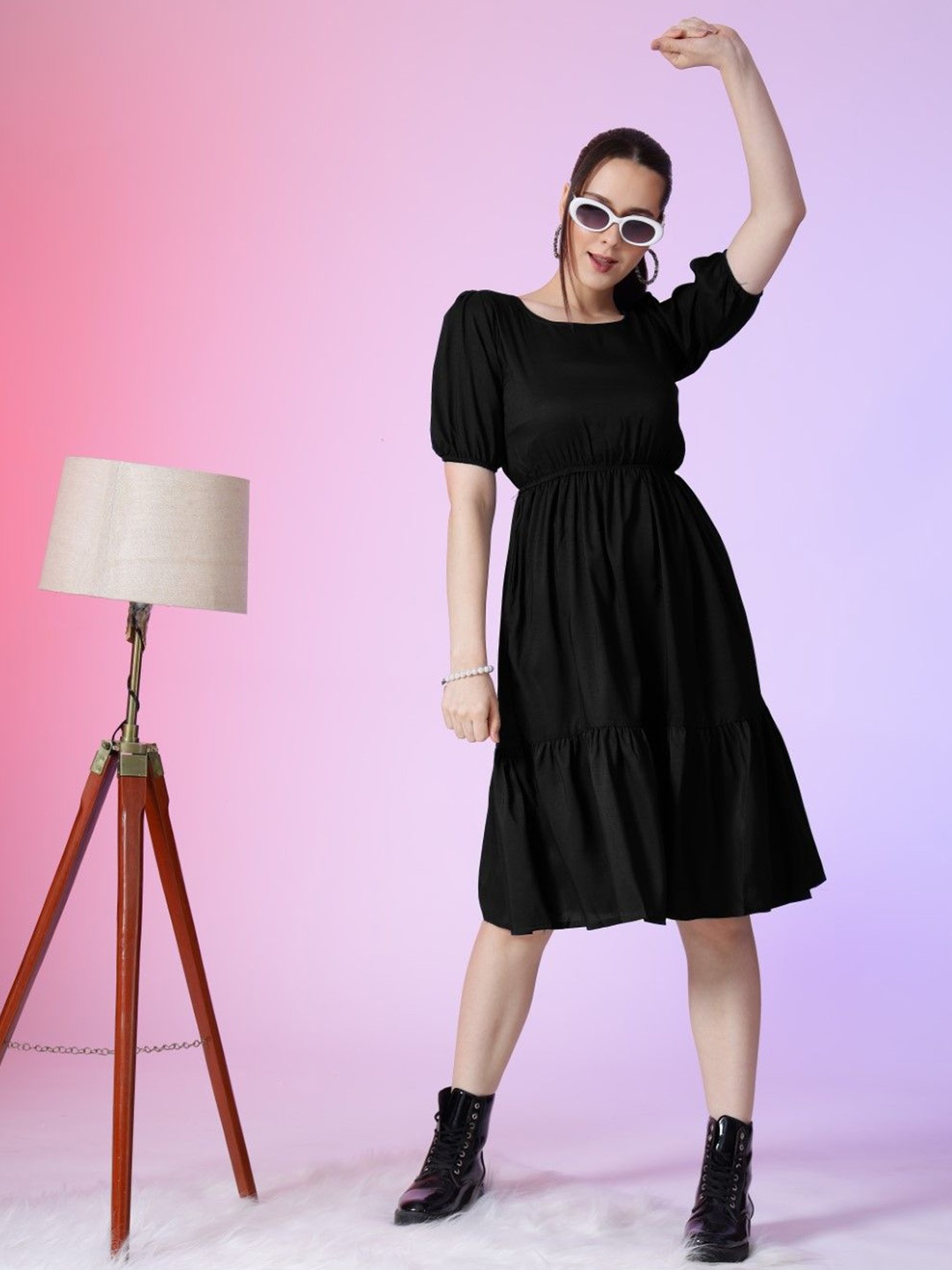 

Femvy Women Puff Sleeves Fit & Flare Dress, Black
