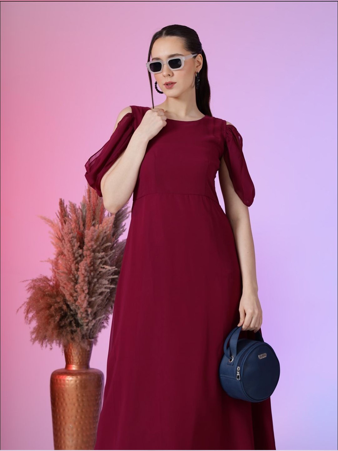

Raiyani Enterprise Women Round Neck Cold-Shoulder Sleeves Maxi Dress, Magenta