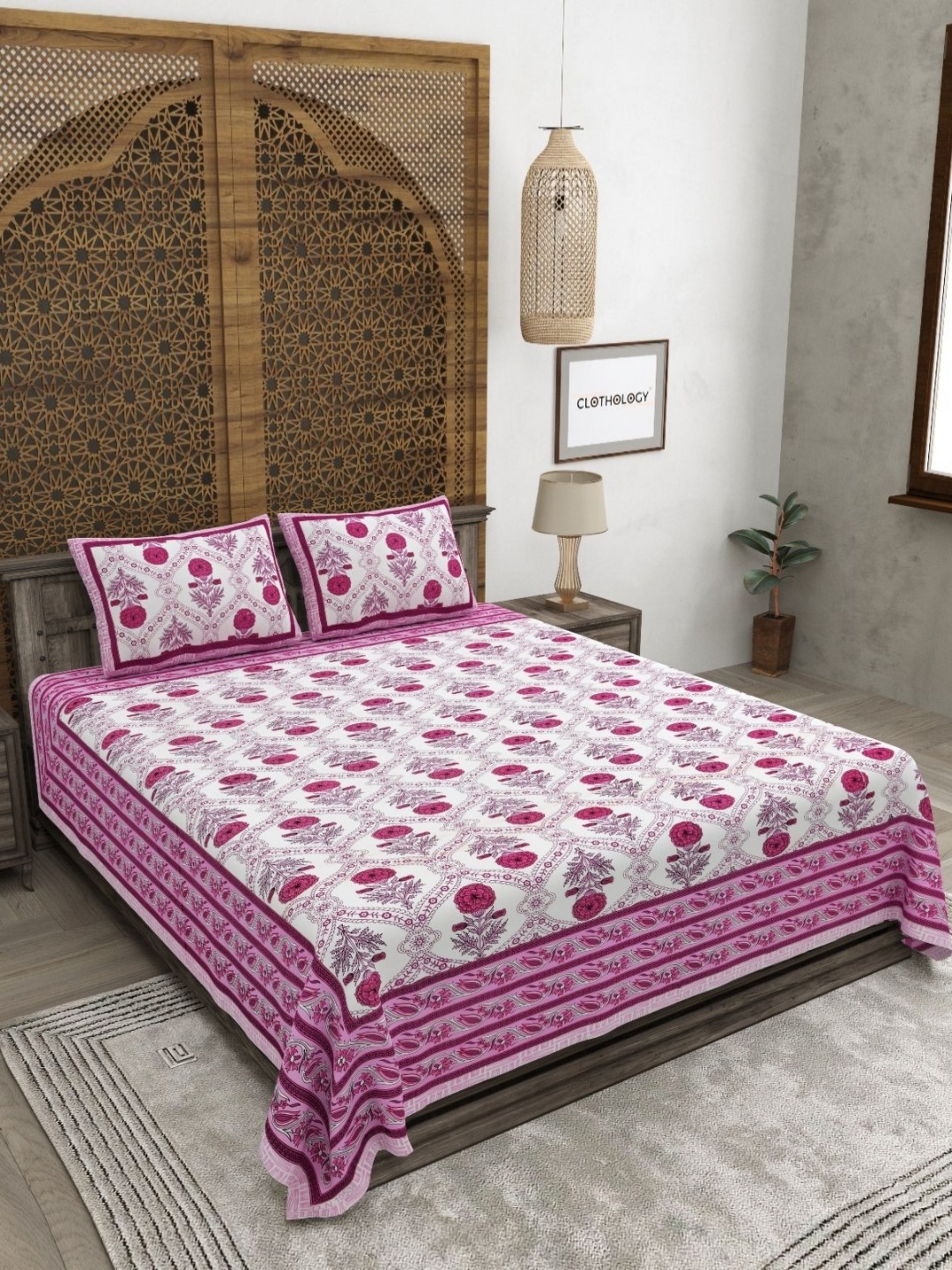 

CLOTHOLOGY Pink & White Floral 180 TC Pure Cotton King Bedsheet Set-2.75 m x 2.25 m