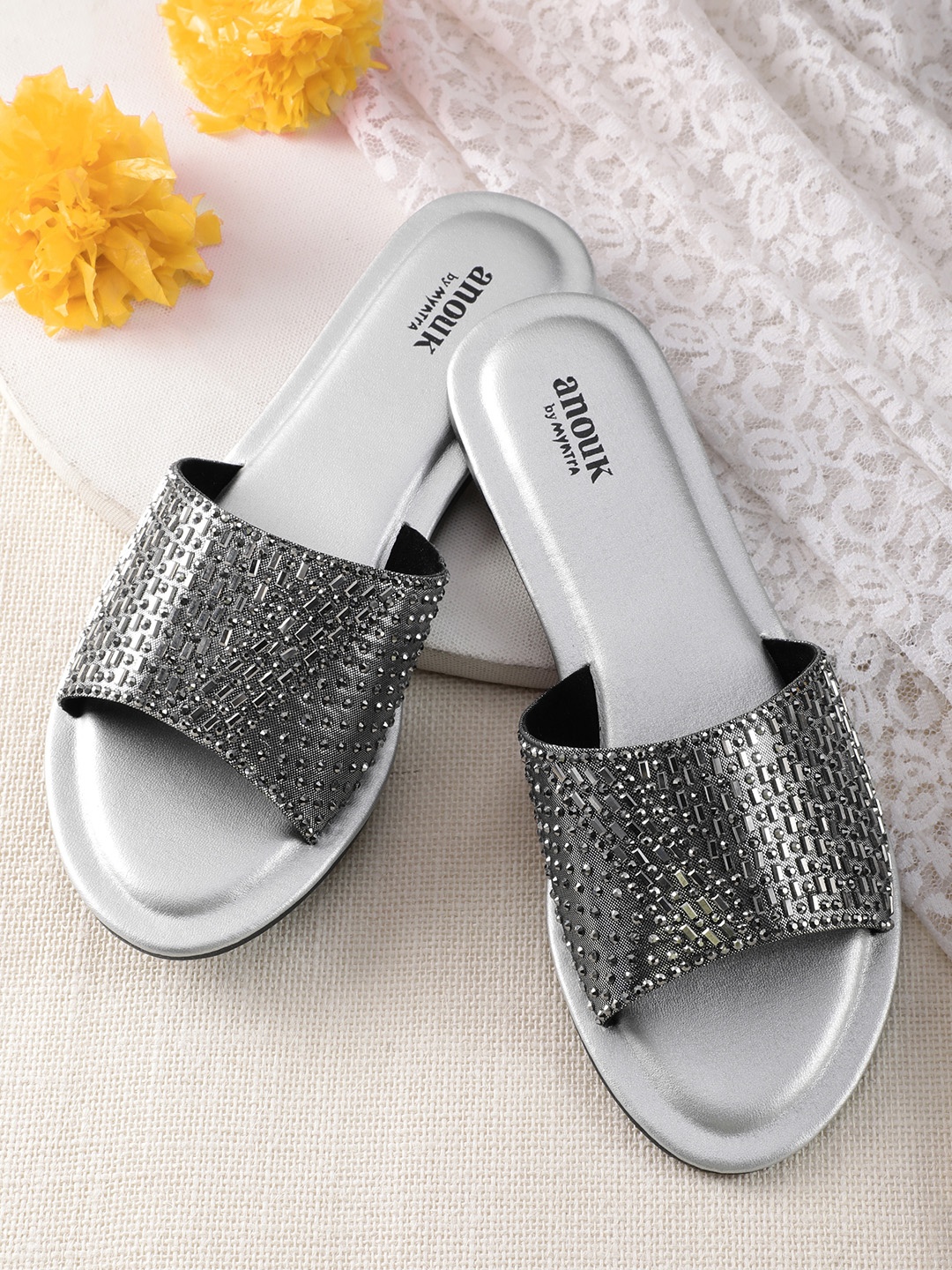 

Anouk Women Embellished Open Toe Flats, Charcoal