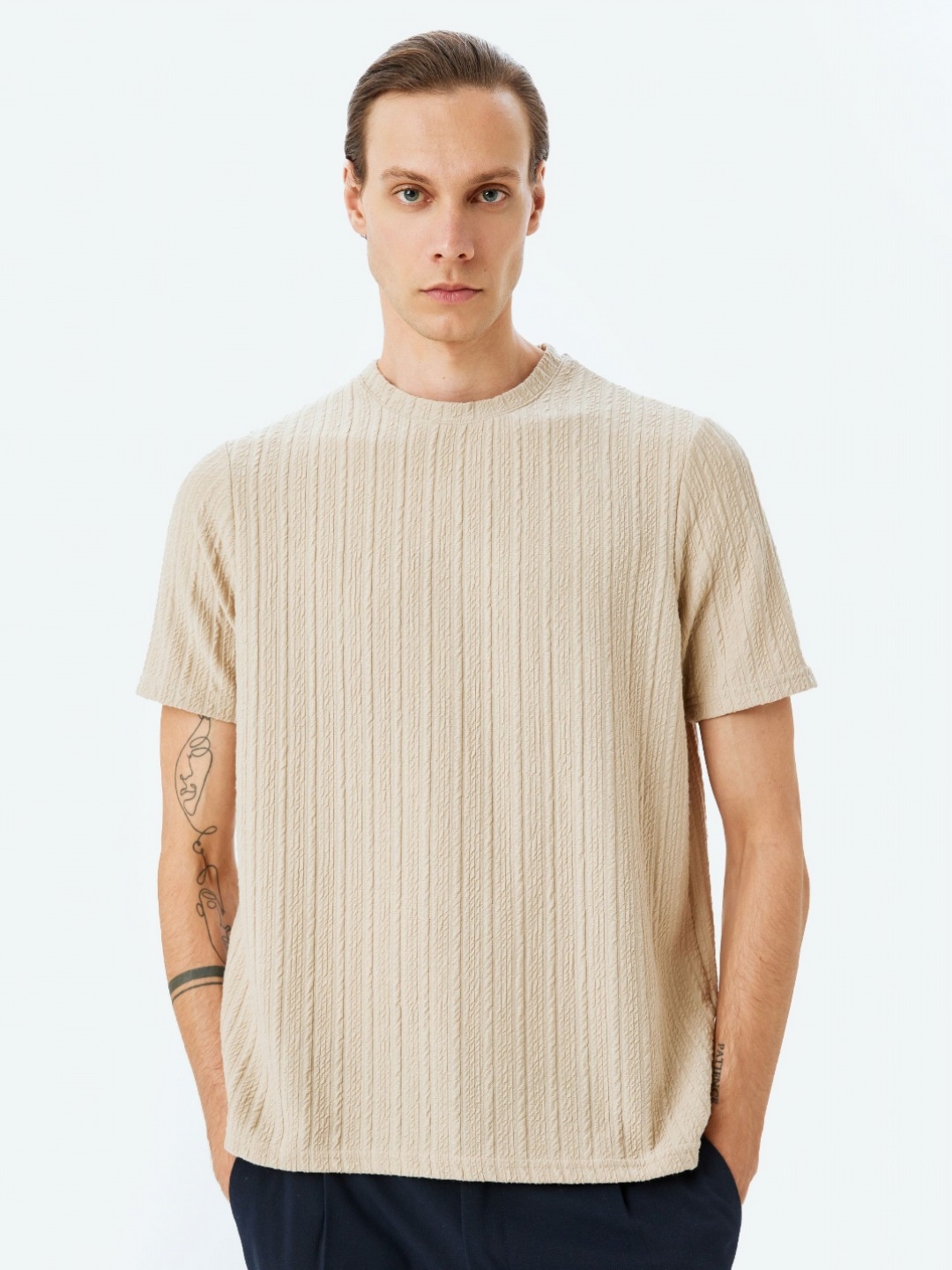 

Koton Men Self Design Round Neck T-shirt, Beige