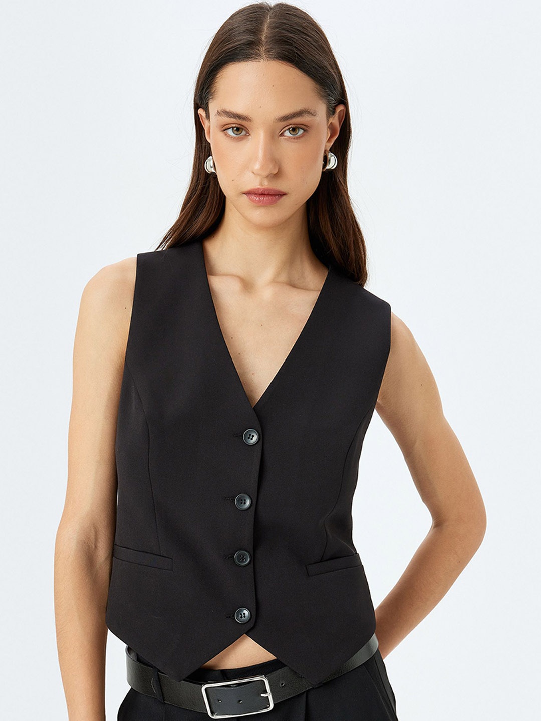 

Koton Solid Regular Button Waistcoat, Black