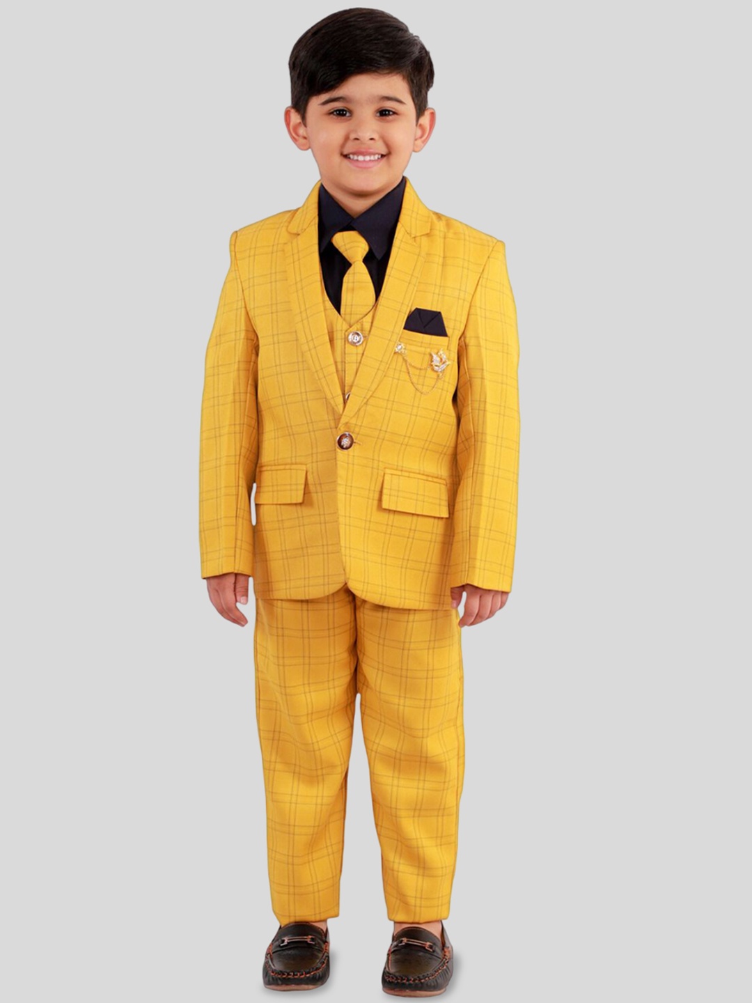

BAESD Boys Checked Single-Breasted Notched Lapel 5-Piece Suit, Mustard