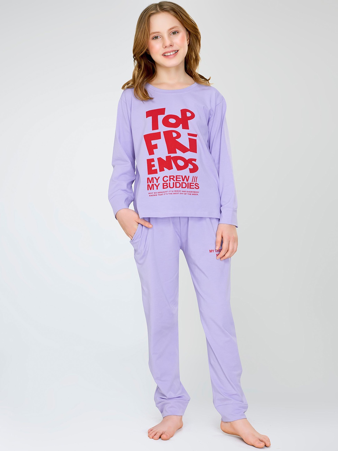 

Zeyo Girls Typography Printed Top & Pyjama Night suit, Purple