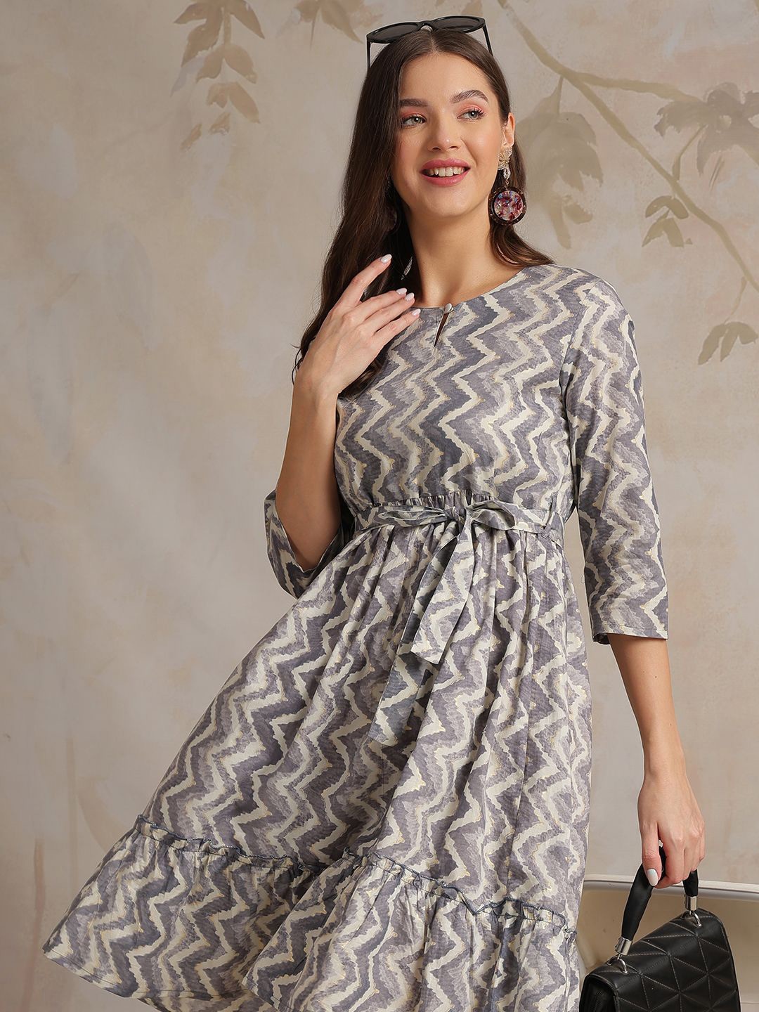 

Anouk Women Cotton Chevron Printed Fit & Flare Dress With Belt, Grey