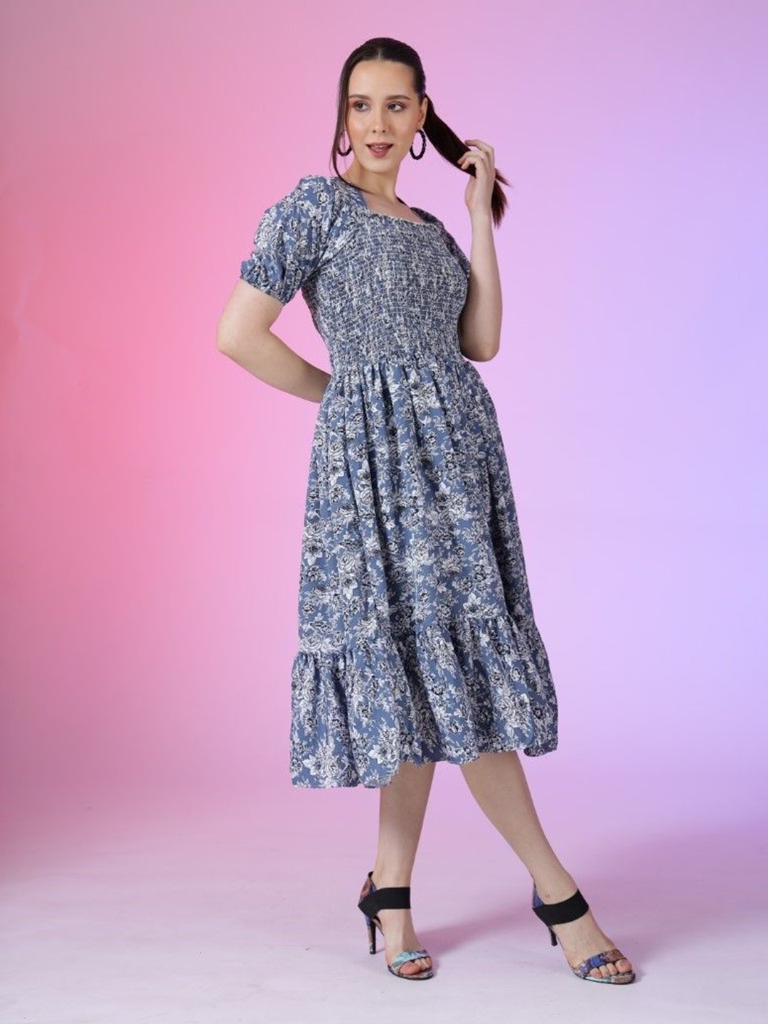 

Femvy Women Print Fit & Flare Dress, Blue
