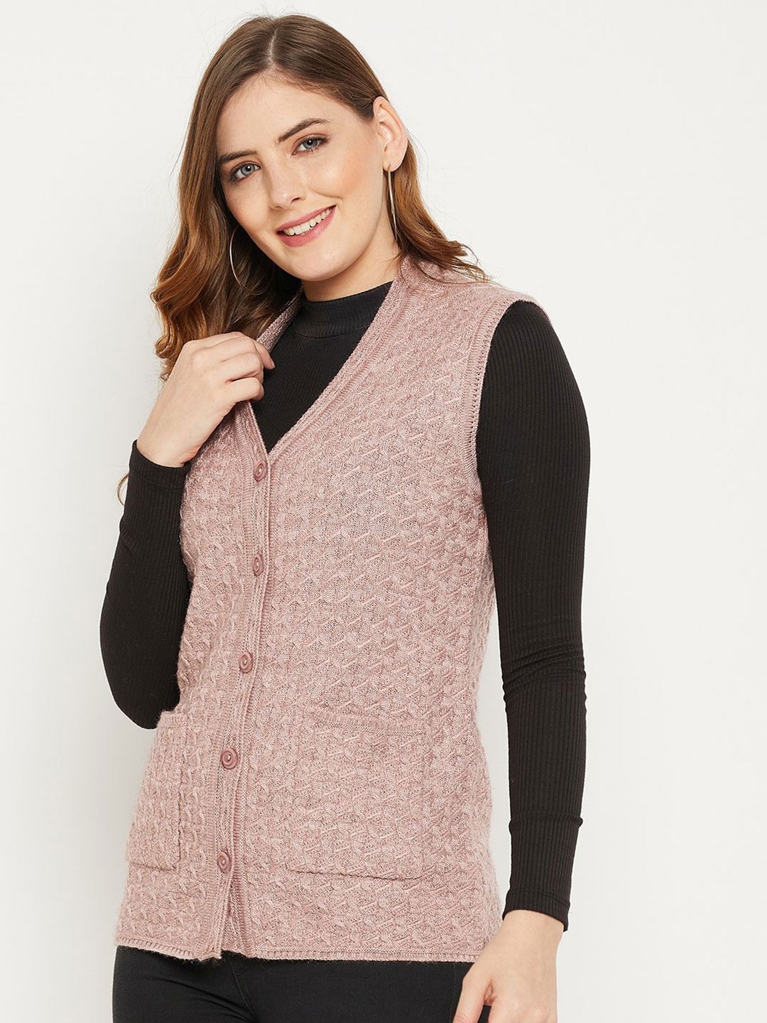 

Zigo Women Cable Knit Sleeveless Woollen Cardigan, Mauve