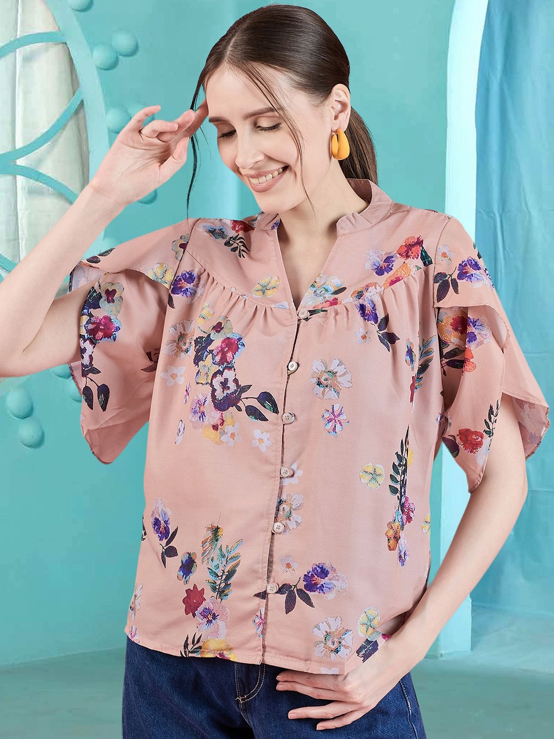 

Winza Designer Women Floral Print Mandarin Collar Flutter Sleeve Top, Peach