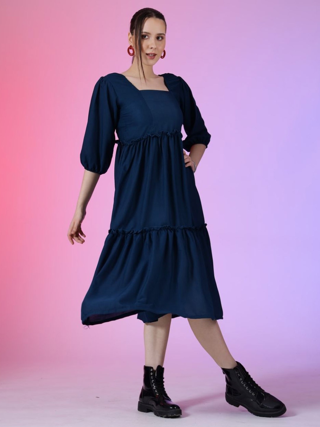 

Femvy Women Square Neck Fit & Flare Dress, Blue