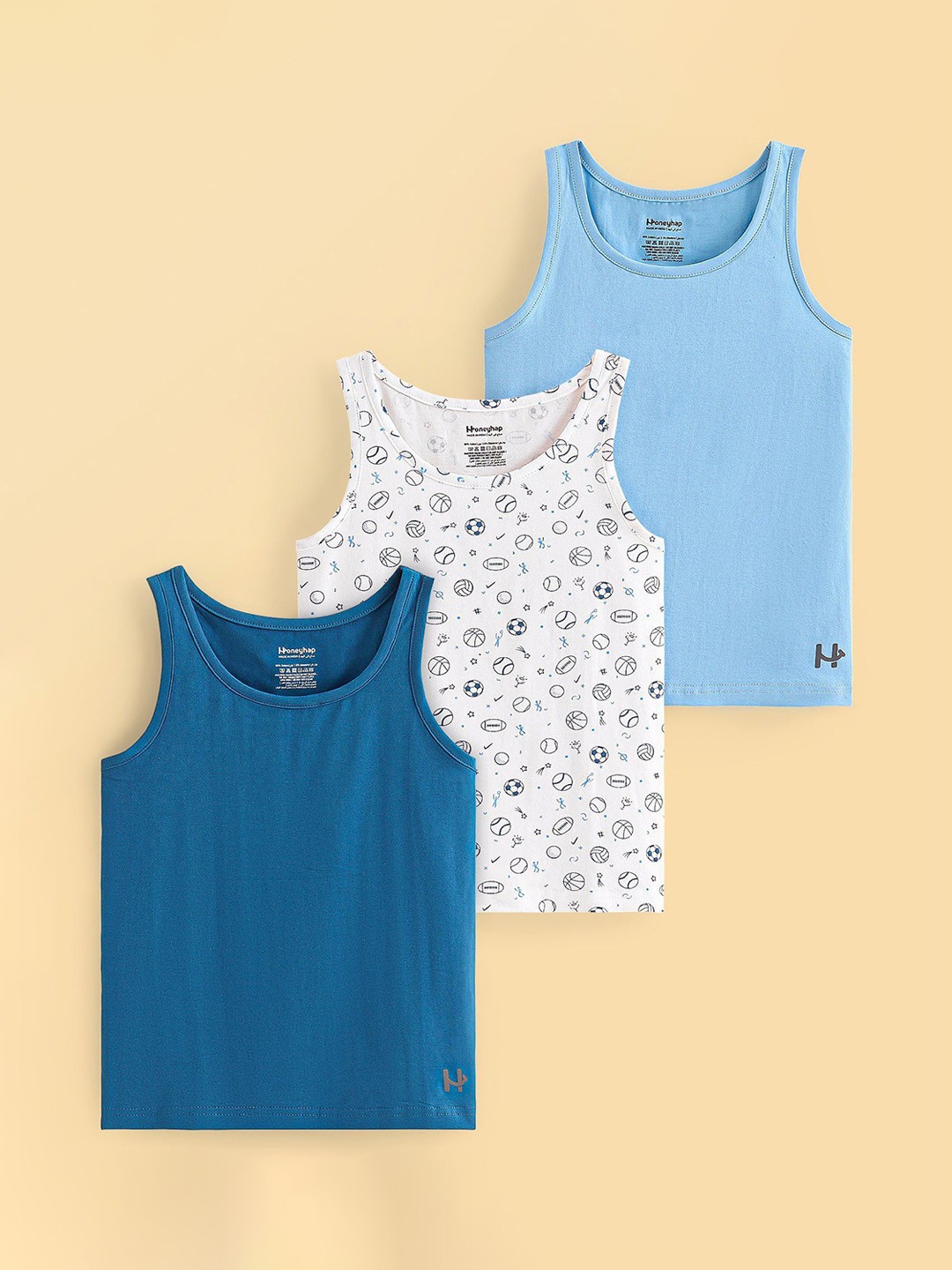 

Honeyhap Boys Pack Of 3 Printed Basic Vest, Blue