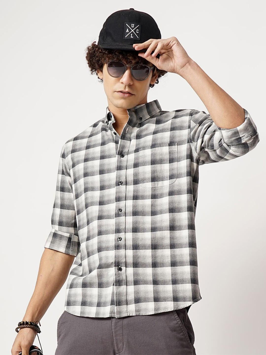 

British Club Men Comfort Button-Down Collar Tartan Checked Cotton Casual Shirt, White