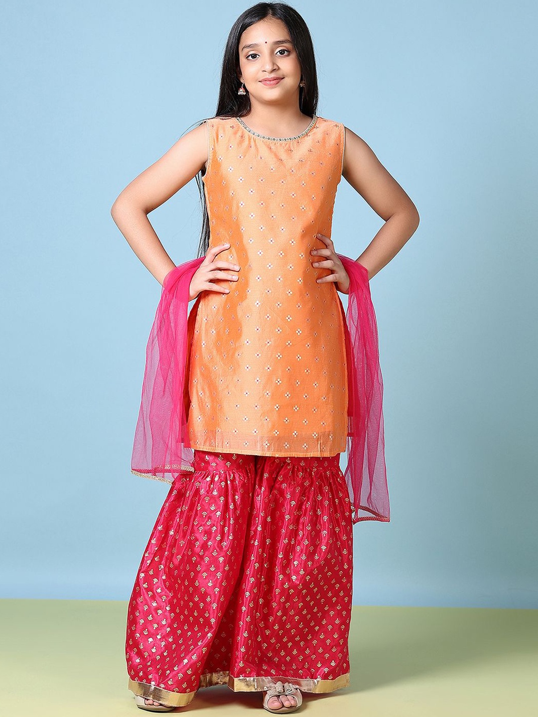

V-Mart Girls Printed Regular Sequinned Kurti with Sharara & With Dupatta, Orange