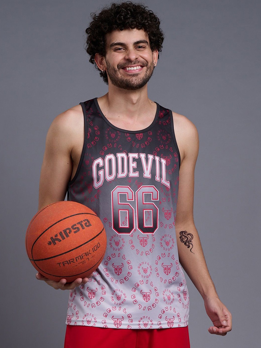 

GO DEVIL Printed Round Neck Sleeveless Innerwear Gym, Grey