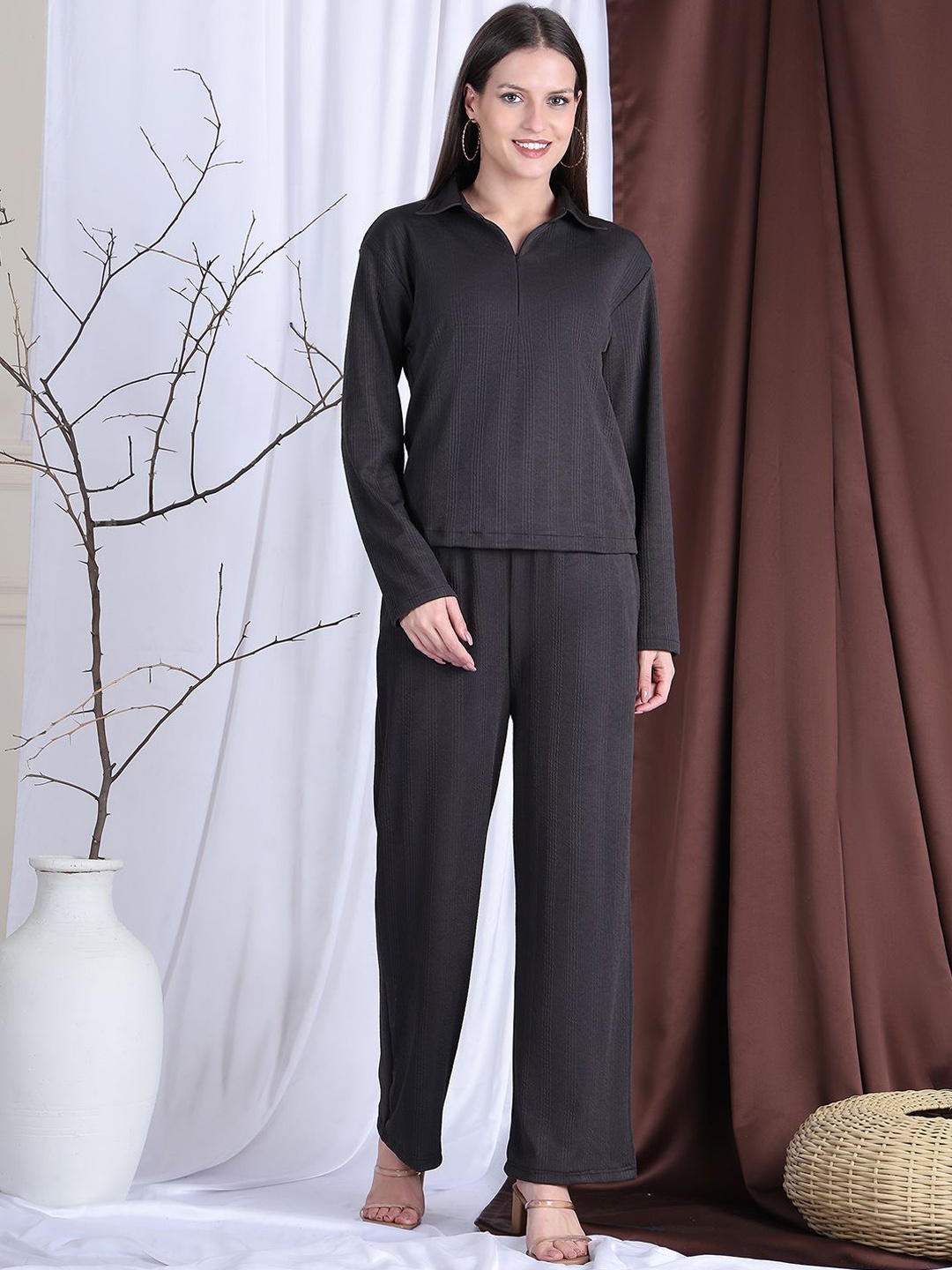 

NEUDIS Self Design Shirt Collar Long Sleeves Top & Trouser, Black