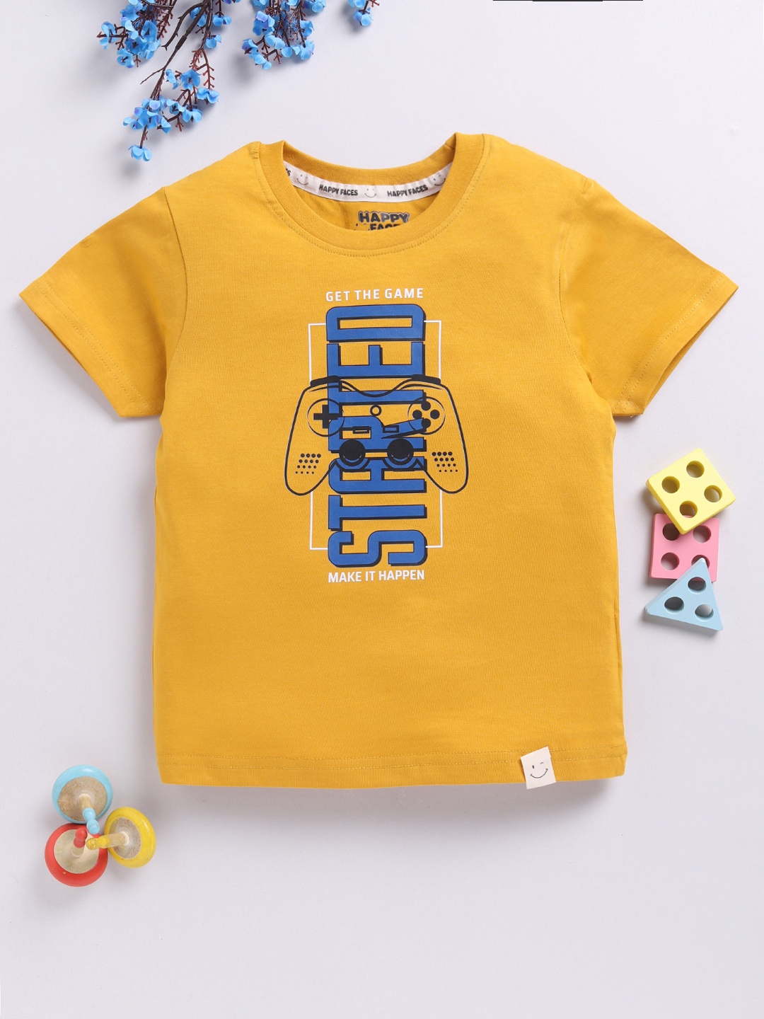 

Happy Faces Boys Pure Cotton Typography & Graphic Printed T-shirt, Mustard
