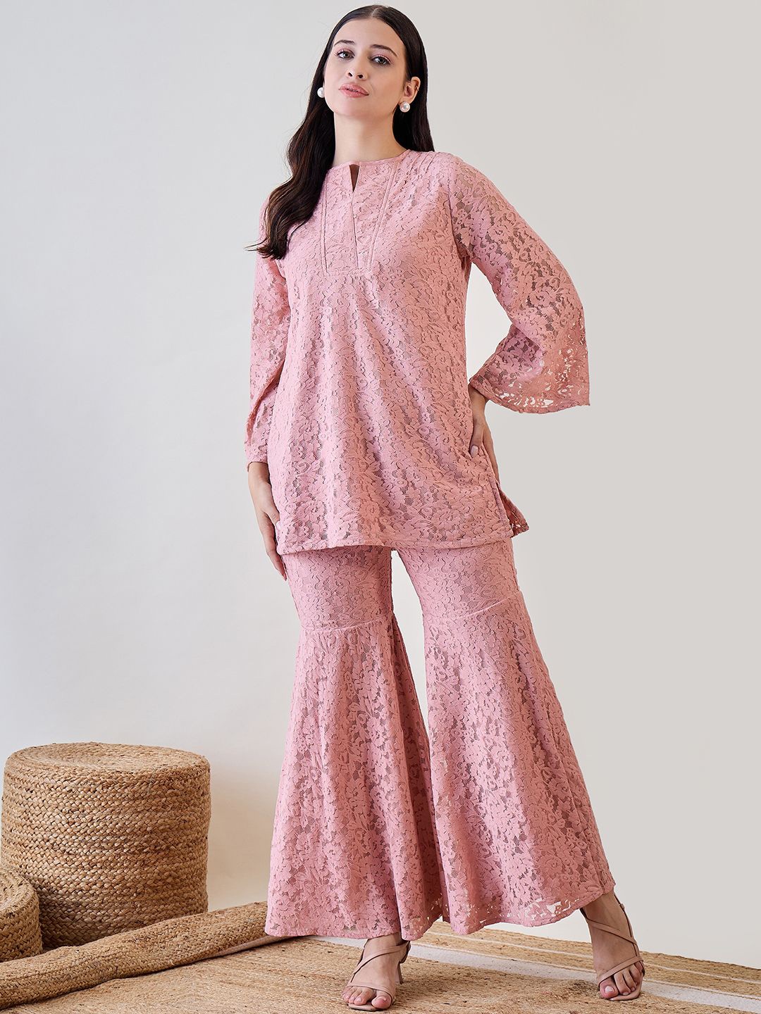 

The Kaftan Company Embroidered Lace Top With Gharara Co-Ords, Pink