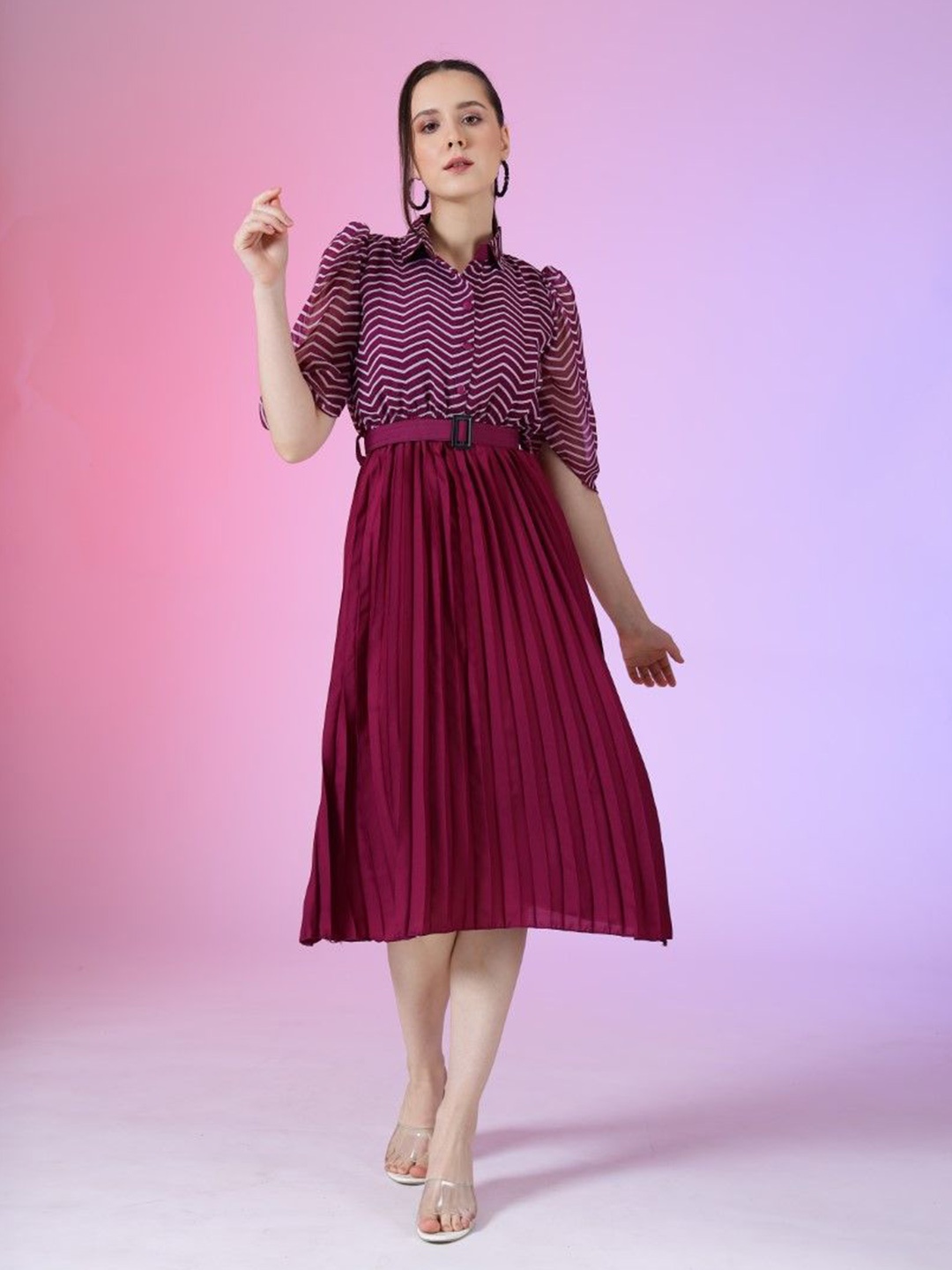 

Femvy Women Chevron Printed Fit & Flare Dress, Magenta