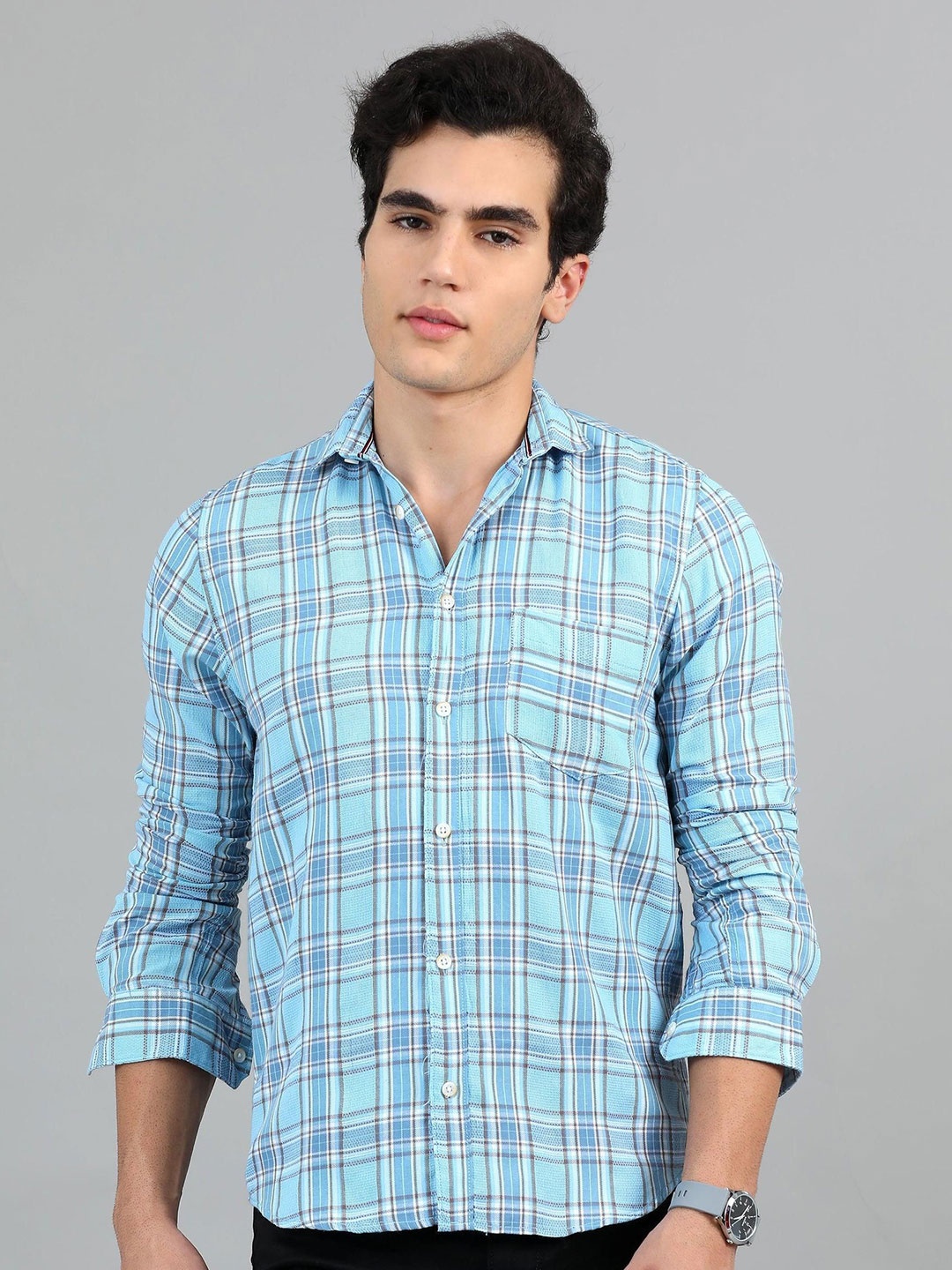 

HOUSE OF MAHNOTS Men Classic Opaque Checked Casual Shirt, Blue