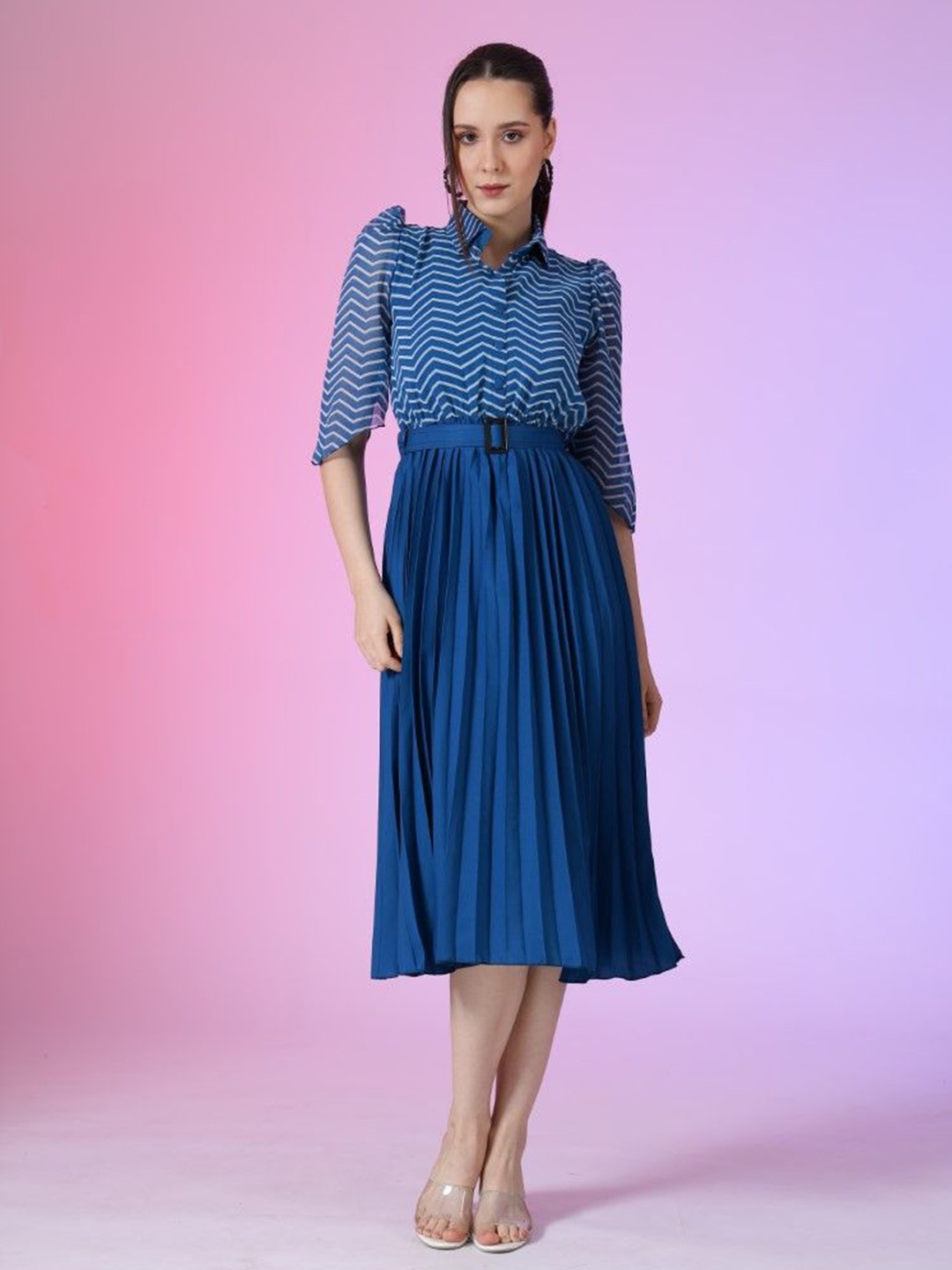 

Femvy Women Chevron Printed Shirt Collar Fit & Flare Midi Dress With Belt, Blue