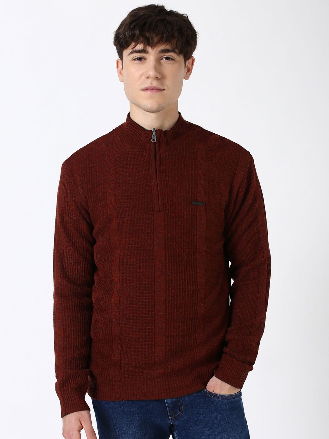 

Peter England Casuals Men Mock Collar Self Design Cable Knit Pullover Sweaters, Maroon