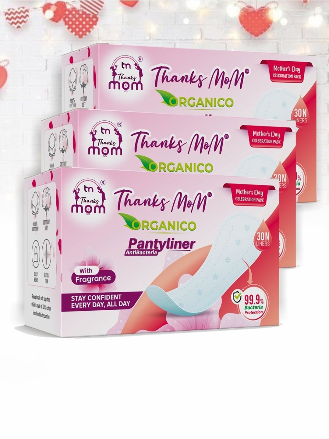 

THANKS MOM Pack Of 3 Organico Antibacterial Pantyliners - 30 Liners Each, White
