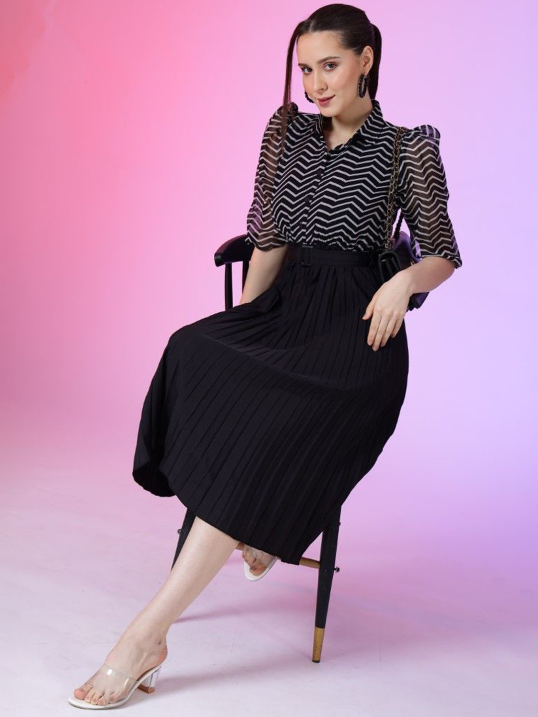 

Femvy Women Print Fit & Flare Dress, Black