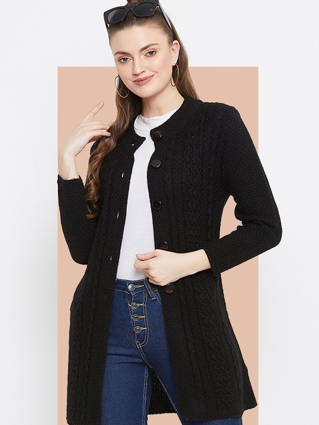 

Zigo Women Cable Knit Woollen Longline Cardigan, Black
