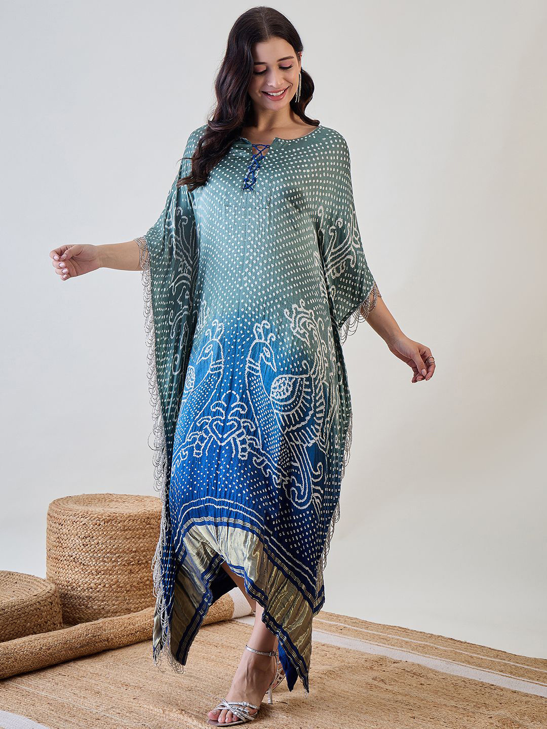 

The Kaftan Company Women Pure Silk Ethnic Motifs Bandhani Embellished Kaftan Maxi Dress, Green