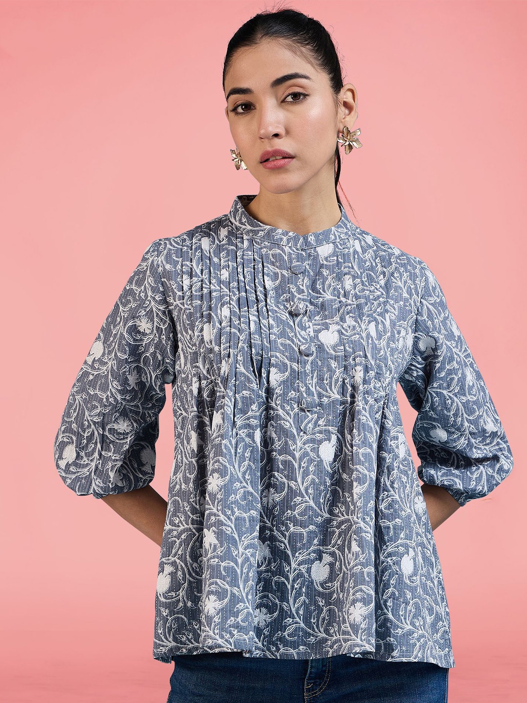 

Winza Designer Women Cotton Floral Printed Mandarin Collar Puff Sleeve Top, Grey