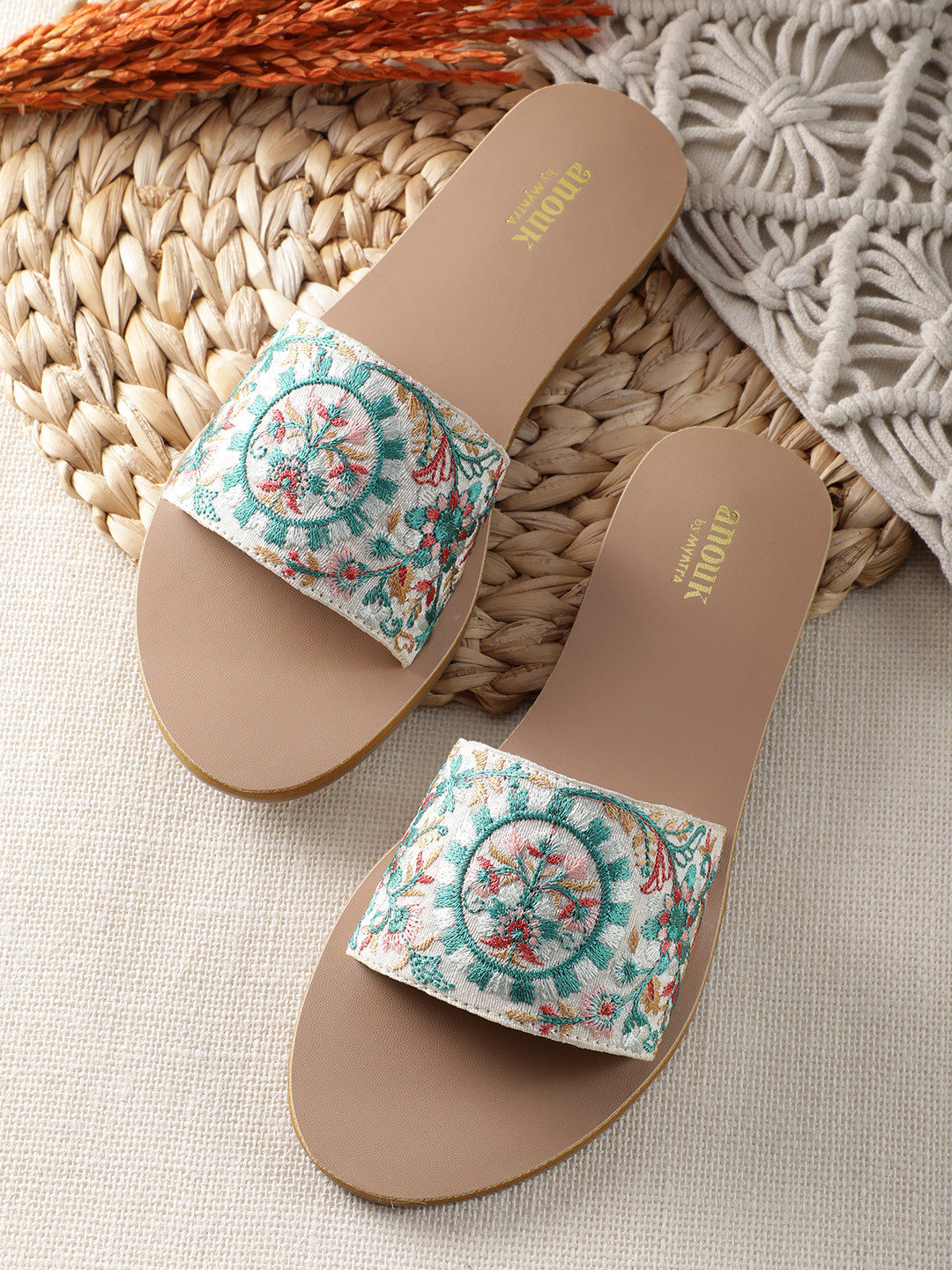 

Anouk Women Floral Embroidered Open Toe Flats, White