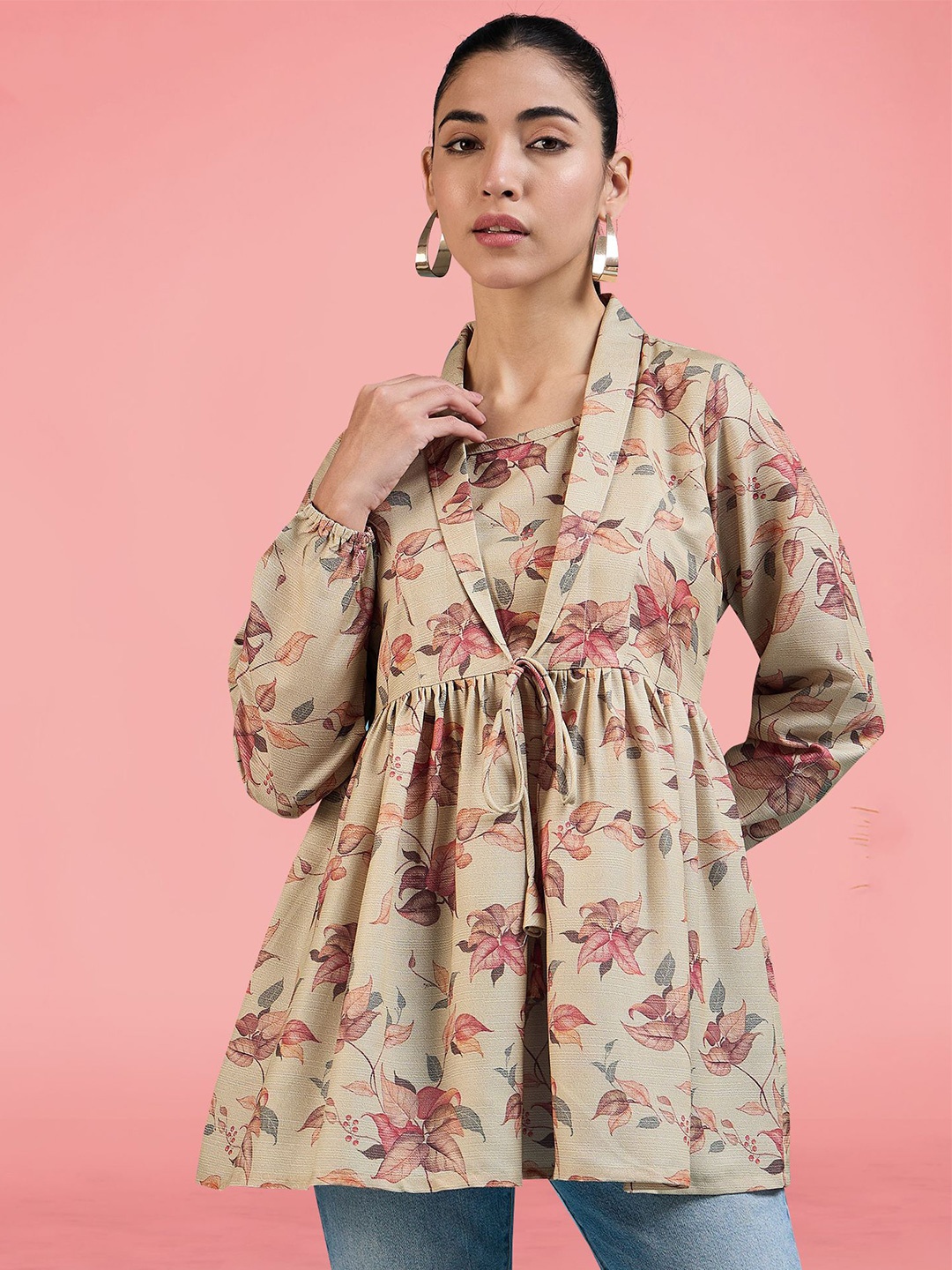 

Winza Designer Women Floral Print Lapel Collar Cotton Top, Beige