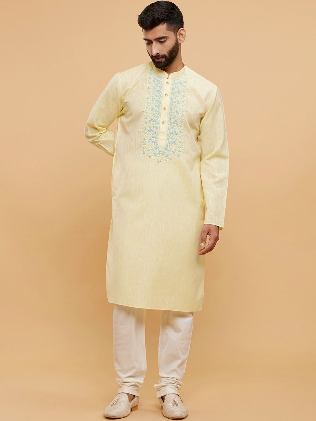 

Twamev Men Embroidered Regular Thread Work Kurta with Churidar, Yellow