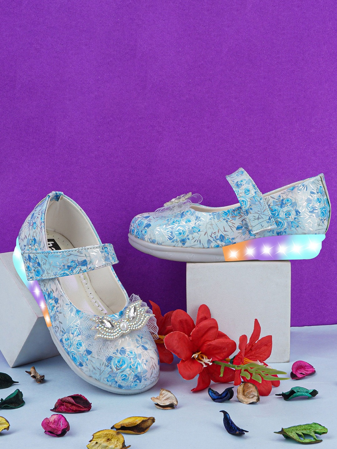 

BAESD Girls Led Lighting Stone Printed Velcro Ballerinas, Blue