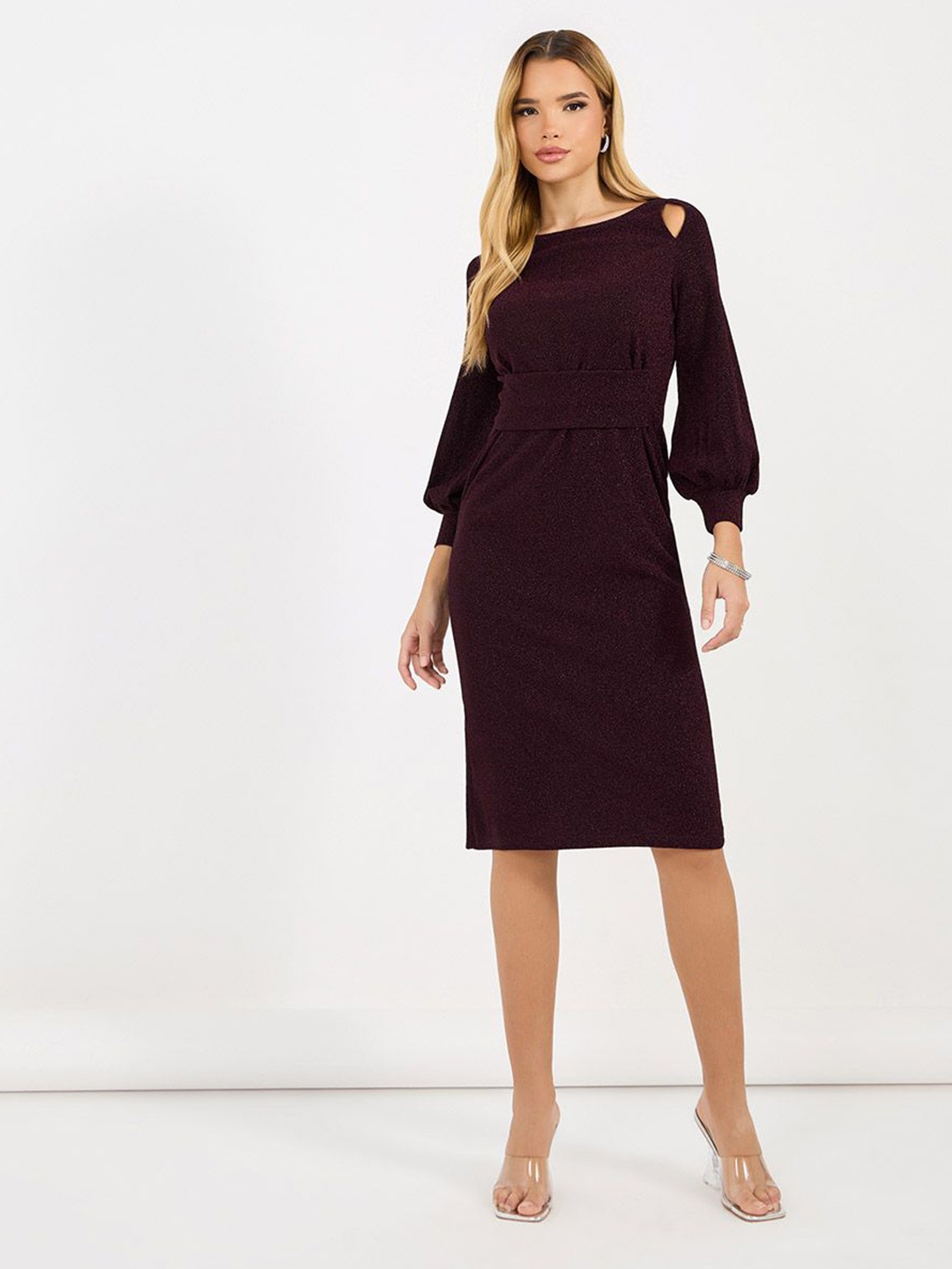 

Styli Women Solid Boat Neck Puff Sleeves Bodycon Midi Length Dress, Red